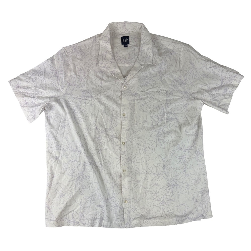 Gap Button Down Shirt Mens XXL Purple Floral Linen Blend‎ Camp Collar GP007528